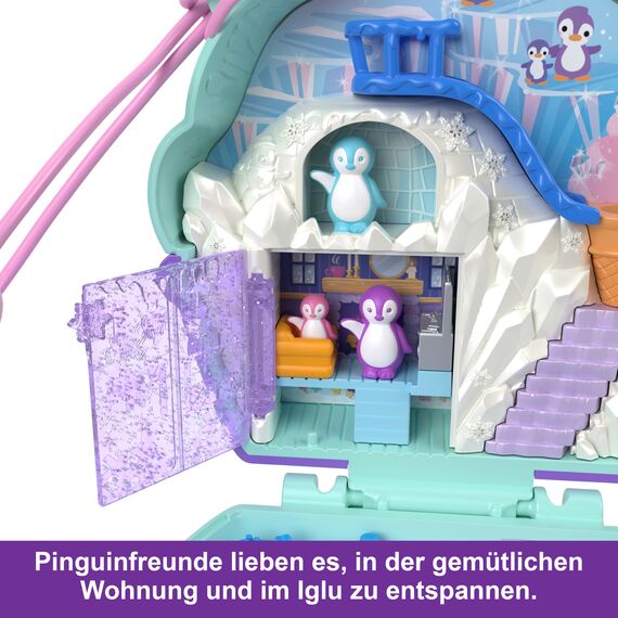 Polly Pocket Winterliche Pinguin Schatulle - Spielset mit 2 Puppen, 12 Accessoires und 6 Elementen im Winter-Wunderland, Schneemann und Iglu-Rutsche, für Kinder ab 4 Jahren, HRD34