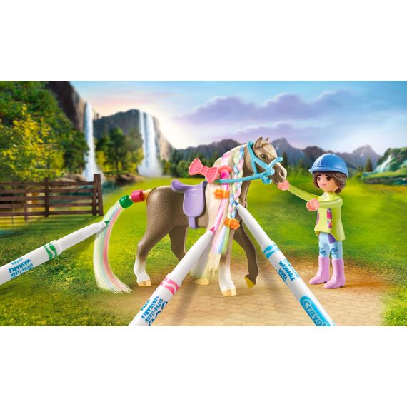 PLAYMOBIL Horses of Waterfall 71640 Kreativset mit Pferd und Stiften, inklusive Einer Figur, einem Pferd und DREI Crayola Stiften, künstlerisches Spielzeug für Kinder ab 5 Jahren
