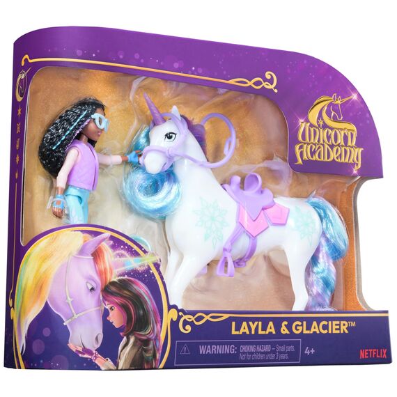 Unicorn Academy Layla und Einhorn Glacier Set - ca. 12 cm große Originalfiguren zur beliebten Netflix Serie mit Zwei Accessoires und Haarbürste für fantasievolles Rollenspiel, für Kinder ab 4 Jahren