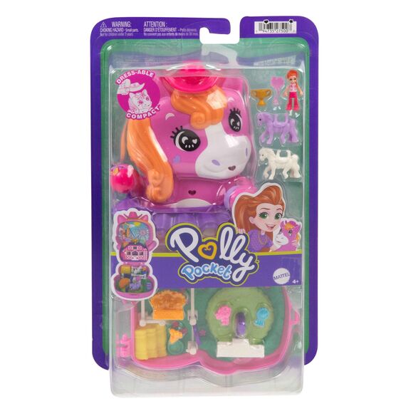 Polly Pocket Puppen und Spielset, Pony-Rodeo-Schatulle, Spielzeug für unterwegs mit 1 kleinen Puppe, Pferdchen, Zubehör für Mode und Essen, JCR39