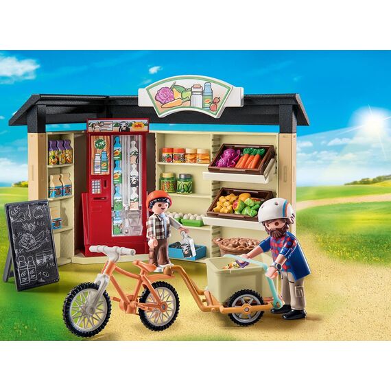 PLAYMOBIL Country 71250 24-Stunden-Hofladen, Fahrrad mit Anhänger, Lebensmittelladen für den Bio-Bauernhof, Nachhaltiges Spielzeug für Kinder ab 4 Jahren