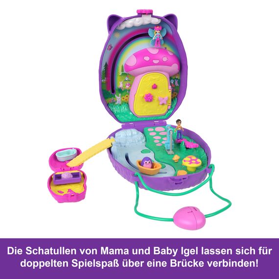 Polly Pocket 2-in-1 Reisespielzeug mit 2 Mikropuppen und 16 Accessoires, Igel-Handtaschen-Spielset, Haustierthema, JBJ91
