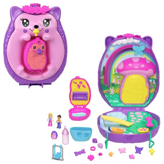 Polly Pocket 2-in-1 Reisespielzeug mit 2 Mikropuppen und 16 Accessoires, Igel-Handtaschen-Spielset, Haustierthema, JBJ91