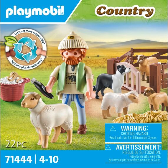 PLAYMOBIL Country 71444 Junger Schäfer mit Schafen, Hüten und Pflegen der Schafe mithilfe des Bordercollies, mit Zubehör wie Haartrimmer und Strohballen, nachhaltiges Spielzeug für Kinder ab 4 Jahren