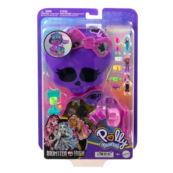Polly Pocket Monster High Spielset mit 3 kleinen Puppen und 10 Zubehörteilen, Schulwelt im Inneren, tragbares Reisespielzeug mit Aufbewahrungsmöglichkeit, HVV58
