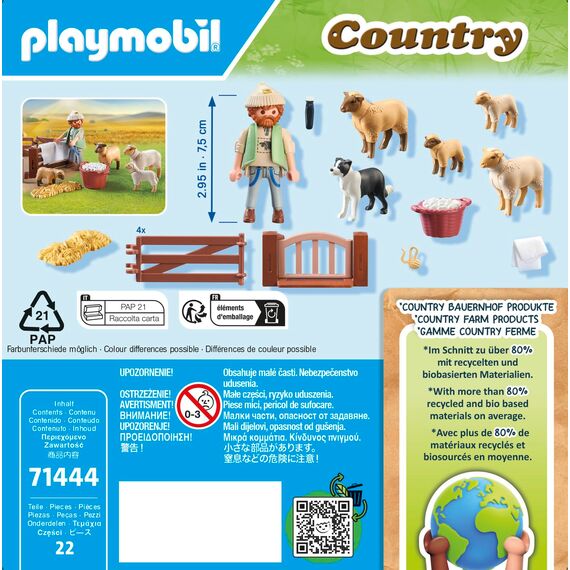 PLAYMOBIL Country 71444 Junger Schäfer mit Schafen, Hüten und Pflegen der Schafe mithilfe des Bordercollies, mit Zubehör wie Haartrimmer und Strohballen, nachhaltiges Spielzeug für Kinder ab 4 Jahren