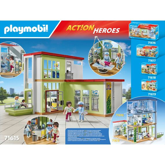 PLAYMOBIL Action Heroes 71615 Modernes Krankenhaus, mit Vier Figuren, medizinischen Geräten und Accessoires, zu über 80 % aus recycelten und biobasierten Materialien, Spielzeug für Kinder ab 4 Jahren