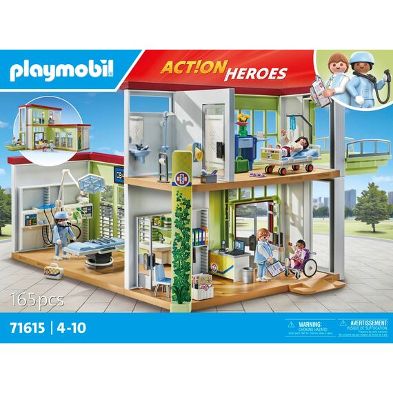 PLAYMOBIL Action Heroes 71615 Modernes Krankenhaus, mit Vier Figuren, medizinischen Geräten und Accessoires, zu über 80 % aus recycelten und biobasierten Materialien, Spielzeug für Kinder ab 4 Jahren