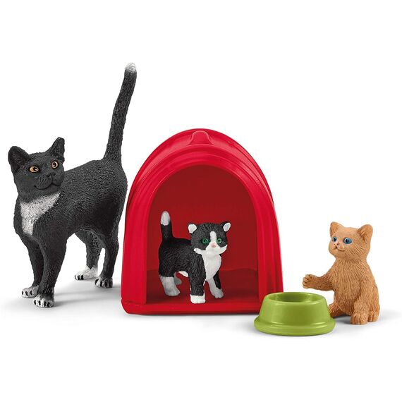 SCHLEICH Farm World | Spielspaß für niedliche Katzen 42501 Tiere Set & Zubehör | detailreiches Mama & Baby Katzen Set | Geschenk für Kinder | Bauernhof Spielzeug ab 3 Jahren | 15 Teile