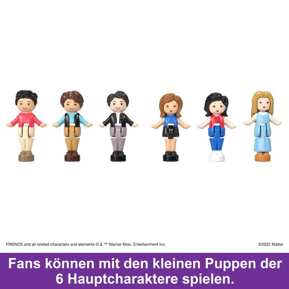 Polly Pocket Friends Schatulle - Central-Perk-Kaffeetasse, 6 Hauptdarsteller, 9 Zubehörteile, 3 Friends-Orte, ausstellbare Premium-Verpackung, für Sammler ab 14 Jahren, HKV74