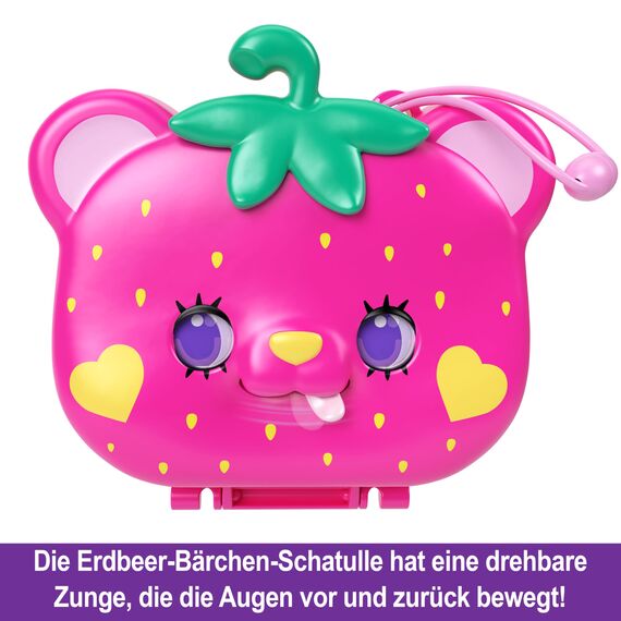 Polly Pocket Erdbeer Bärchen Schatulle - inklusive 2 Puppen, 12 Accessoires und 5 Motiven zum Geschichtenerzählen drehbare Augen und tollem Garten-Spielplatz, für Kinder ab 4 Jahren, HRD35