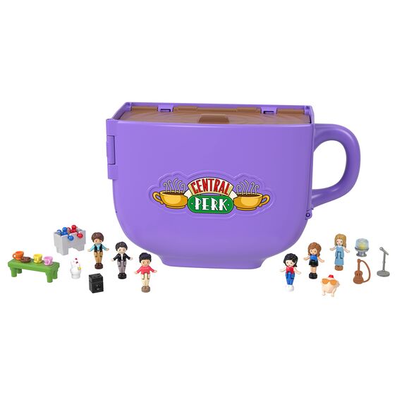 Polly Pocket Friends Schatulle - Central-Perk-Kaffeetasse, 6 Hauptdarsteller, 9 Zubehörteile, 3 Friends-Orte, ausstellbare Premium-Verpackung, für Sammler ab 14 Jahren, HKV74