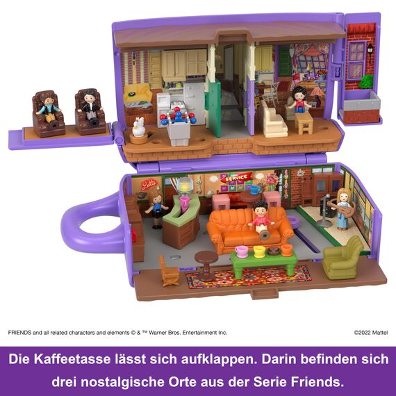 Polly Pocket Friends Schatulle - Central-Perk-Kaffeetasse, 6 Hauptdarsteller, 9 Zubehörteile, 3 Friends-Orte, ausstellbare Premium-Verpackung, für Sammler ab 14 Jahren, HKV74
