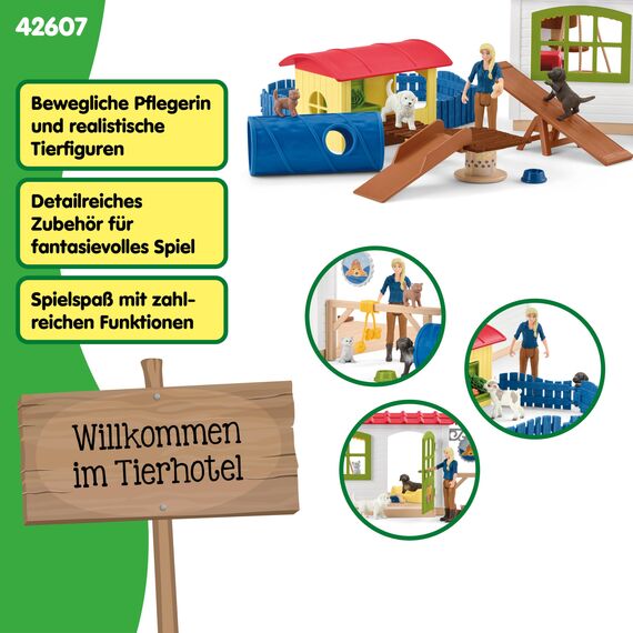 SCHLEICH Farm World | Tierhotel 42607 | Set inkl. Haus, Stall, Pflegerin, Hund, Katze, Meerschweinchen & Zubehör | tolles Geschenk für Jungen und Mädchen | Bauernhof Spielzeug ab 3 Jahre | 54 Teile