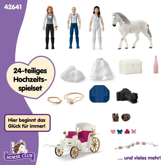 SCHLEICH Horse Club | Hochzeitskutsche 42641 | Brautpaar mit Kutsche, Hannah und Pferd sowie Zubehör | tolles Geschenk für Mädchen und Jungen | Spielzeug für Kinder ab 5 Jahren | Set aus 106 Teilen