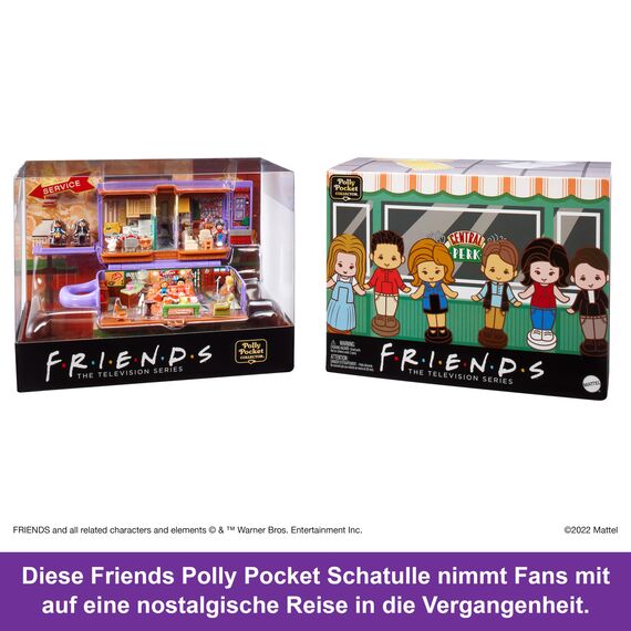 Polly Pocket Friends Schatulle - Central-Perk-Kaffeetasse, 6 Hauptdarsteller, 9 Zubehörteile, 3 Friends-Orte, ausstellbare Premium-Verpackung, für Sammler ab 14 Jahren, HKV74