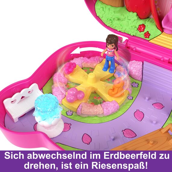 Polly Pocket Erdbeer Bärchen Schatulle - inklusive 2 Puppen, 12 Accessoires und 5 Motiven zum Geschichtenerzählen drehbare Augen und tollem Garten-Spielplatz, für Kinder ab 4 Jahren, HRD35