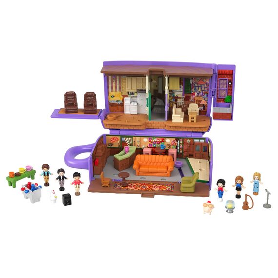 Polly Pocket Friends Schatulle - Central-Perk-Kaffeetasse, 6 Hauptdarsteller, 9 Zubehörteile, 3 Friends-Orte, ausstellbare Premium-Verpackung, für Sammler ab 14 Jahren, HKV74