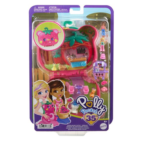 Polly Pocket Erdbeer Bärchen Schatulle - inklusive 2 Puppen, 12 Accessoires und 5 Motiven zum Geschichtenerzählen drehbare Augen und tollem Garten-Spielplatz, für Kinder ab 4 Jahren, HRD35