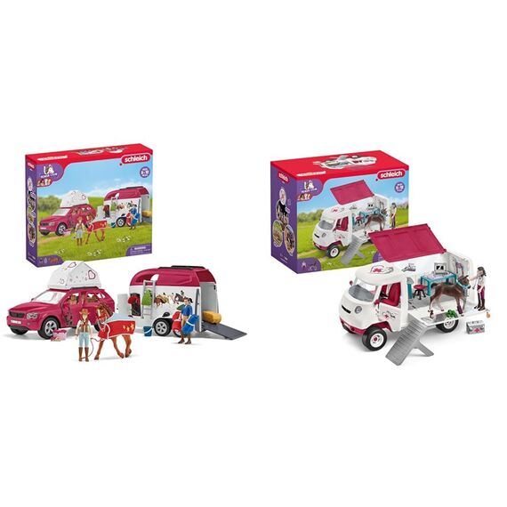 SCHLEICH 42535 Abenteuer mit Auto und Pferdeanhänger & 42439 Mobile Tierärztin mit Hannoveraner Fohlen , für Kinder ab 5-12 Jahren, Horse Club - Spielset