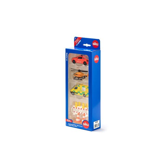siku 6332, Geschenkset Rettung, VW Beetle-Notarztwagen, Mercedes-Rettungswagen, Helikopter, Spielzeug-Set, Kunststoff/Metall, Multicolor, Inkl. 2 Warnbaken und 2 Pylonen