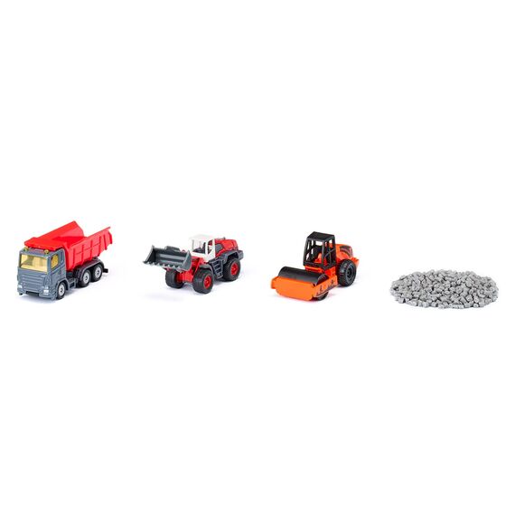 siku 6329, Geschenkset Straßenbau, Muldenkipper, Liebherr Radlader, Straßenwalze, Bewegliche Teile, Inkl. Granulat