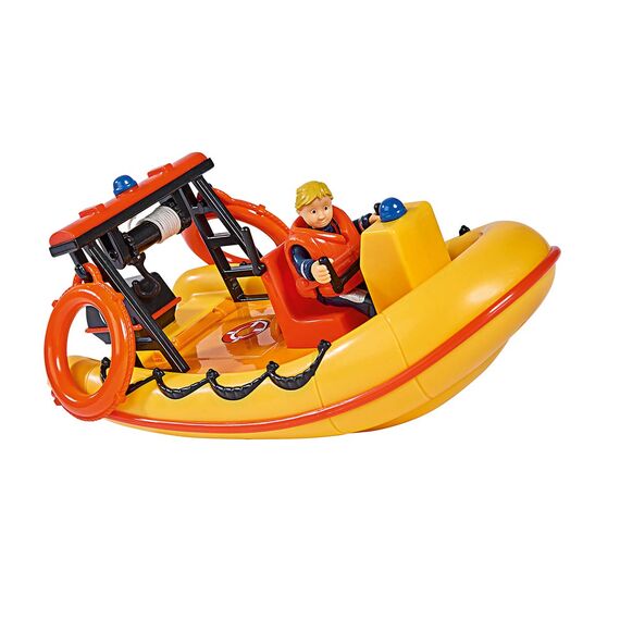 Simba 109251047 - Feuerwehrmann Sam Neptune Boot, mit Penny Figur im Tauchoutfit, mit Geheimfach und mechanischer Seilwinde, schwimmt auf dem Wasser, 20cm, für Kinder ab 3 Jahren, Gelb, Orange