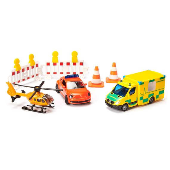 siku 6332, Geschenkset Rettung, VW Beetle-Notarztwagen, Mercedes-Rettungswagen, Helikopter, Spielzeug-Set, Kunststoff/Metall, Multicolor, Inkl. 2 Warnbaken und 2 Pylonen