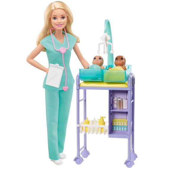 Barbie You Can Be Anything Serie, Baby Doctor, Puppe mit blondem Haar, Zwei Babys, Arztkleidung, Zubehör, 3 Puppen enthalten, Geschenk für Kinder, Spielzeug ab 3 Jahre,GKH23