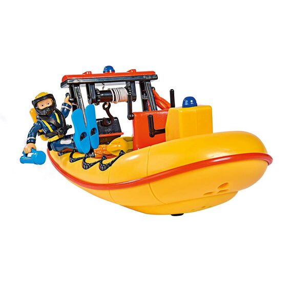 Simba 109251047 - Feuerwehrmann Sam Neptune Boot, mit Penny Figur im Tauchoutfit, mit Geheimfach und mechanischer Seilwinde, schwimmt auf dem Wasser, 20cm, für Kinder ab 3 Jahren, Gelb, Orange