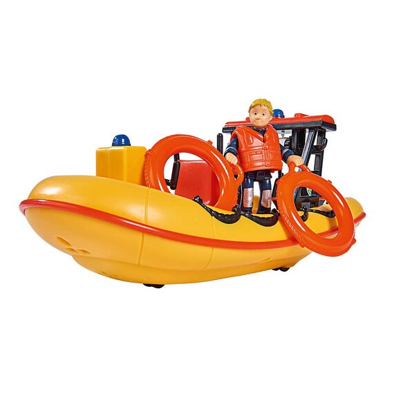 Simba 109251047 - Feuerwehrmann Sam Neptune Boot, mit Penny Figur im Tauchoutfit, mit Geheimfach und mechanischer Seilwinde, schwimmt auf dem Wasser, 20cm, für Kinder ab 3 Jahren, Gelb, Orange