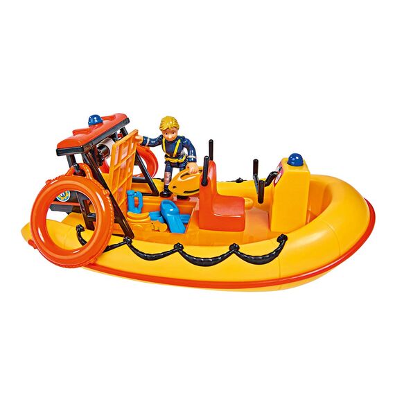 Simba 109251047 - Feuerwehrmann Sam Neptune Boot, mit Penny Figur im Tauchoutfit, mit Geheimfach und mechanischer Seilwinde, schwimmt auf dem Wasser, 20cm, für Kinder ab 3 Jahren, Gelb, Orange
