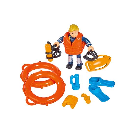 Simba 109251047 - Feuerwehrmann Sam Neptune Boot, mit Penny Figur im Tauchoutfit, mit Geheimfach und mechanischer Seilwinde, schwimmt auf dem Wasser, 20cm, für Kinder ab 3 Jahren, Gelb, Orange