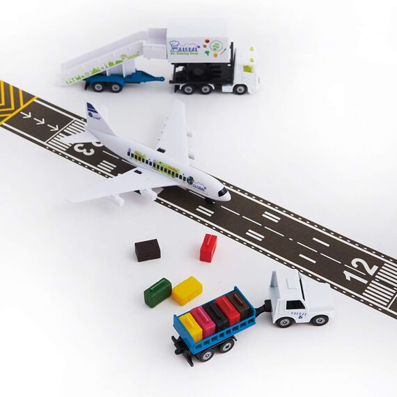siku 6312, Flughafenset, Metall/Kunststoff, Weiß, Inkl. Verkehrsflugzeug, Catering-Fahrzeug, Anhänger mit Fluggasttreppe, Flughafenschlepper, Kofferanhänger und 5m langes Rollfeld-Tape