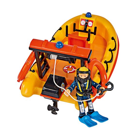 Simba 109251047 - Feuerwehrmann Sam Neptune Boot, mit Penny Figur im Tauchoutfit, mit Geheimfach und mechanischer Seilwinde, schwimmt auf dem Wasser, 20cm, für Kinder ab 3 Jahren, Gelb, Orange