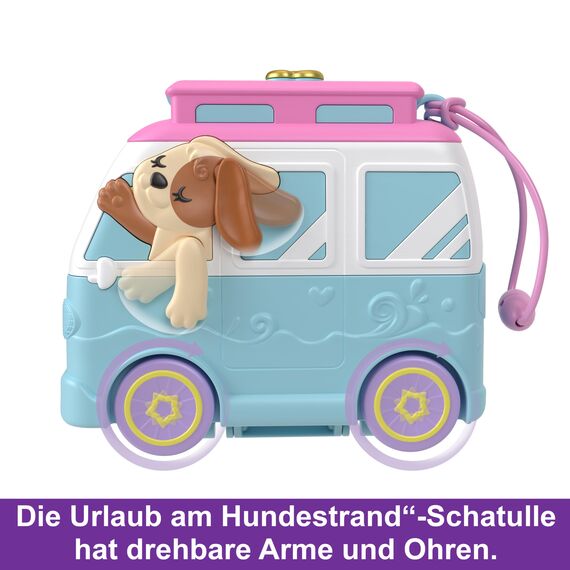 Polly Pocket Urlaub am Hundestrand Schatulle - Roadtrip-Abenteuer mit 2 Puppen, 12 Accessoires ultimativer Campingplatz am Meer, Lagerfeuer und Rettungsschwimmerturm, für Kinder ab 4 Jahren, HRD36