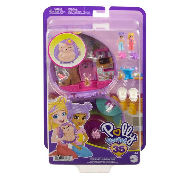 Polly Pocket Igel-Café Schatulle - Spielset mit 2 Puppen, 12 Accessoires und 9 Tieren, drehendes Igel-Rad, aufhängbarer Vogelkäfig und versteckte Snacks, für Kinder ab 4 Jahren, HRD37