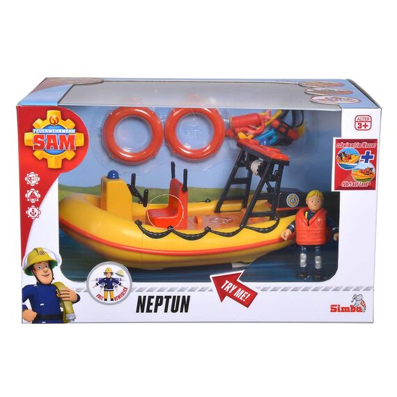 Simba 109251047 - Feuerwehrmann Sam Neptune Boot, mit Penny Figur im Tauchoutfit, mit Geheimfach und mechanischer Seilwinde, schwimmt auf dem Wasser, 20cm, für Kinder ab 3 Jahren, Gelb, Orange