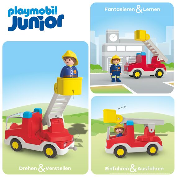PLAYMOBIL JUNIOR | Feuerwehrleiterfahrzeug | nachhaltiges Spielzeug für Kinder ab 1 Jahr | inkl. drehbarer Leiter und Feuerwehrmann | 71683