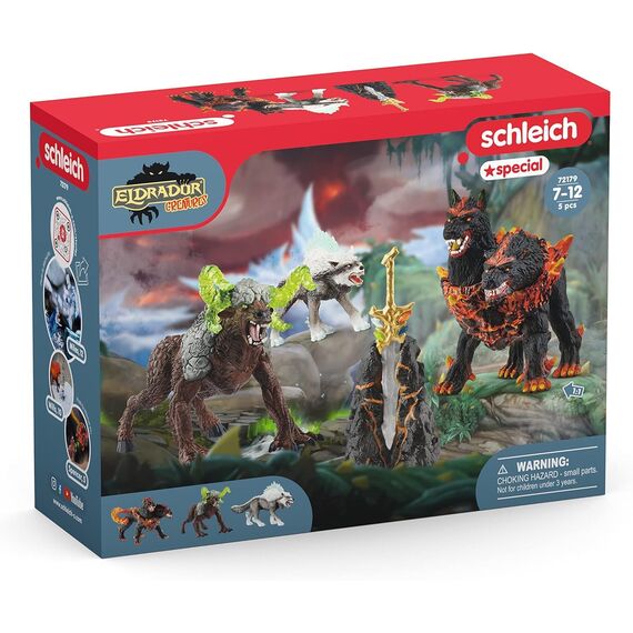 SCHLEICH ELDRADOR Creatures | Starter Set 72179 mit Höllenhund, Schneewolf, Felsbestie und Superwaffe | ELDRADOR Monster Spielfiguren | Spielzeug ab 7 Jahren | 5 Teile | exklusiv bei Amazon
