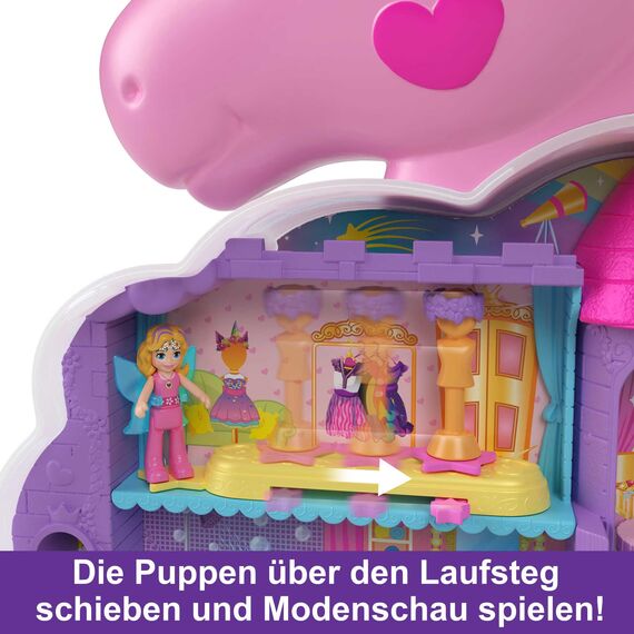 Polly Pocket HMX18 - Mini-Spielzeug, Regenbogen-Einhorn-Salon-Styling-Kopf und Schatullen-Spielset mit 2 kleinen Puppen, 25 Zubehörteilen und beweglichen Spielelementen, Puppen Spielzeug ab 4 Jahren