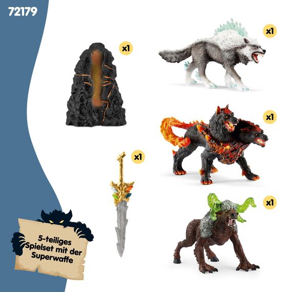 SCHLEICH ELDRADOR Creatures | Starter Set 72179 mit Höllenhund, Schneewolf, Felsbestie und Superwaffe | ELDRADOR Monster Spielfiguren | Spielzeug ab 7 Jahren | 5 Teile | exklusiv bei Amazon