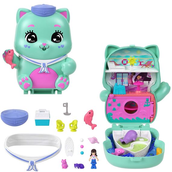 Polly Pocket Puppen und Spielset, Matrosenkatze-Schatulle, Spielzeug für unterwegs mit 1 kleinen Puppe, Kätzchen, Zubehör für Styling und Essen, JCR37