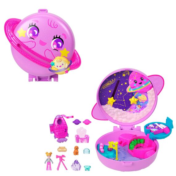 Polly Pocket Puppen und Spielset, Planet Polly Weltraum-Schatulle, Reisespielzeug mit 1 Minipuppe, Hündchen und passendem Zubehör, JCB18