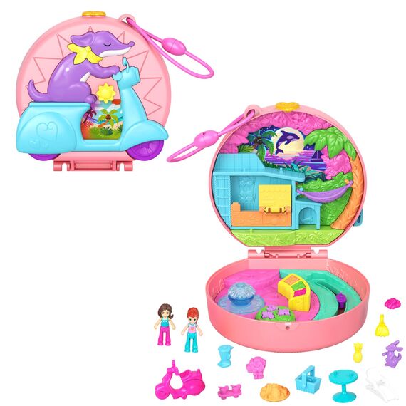 Polly Pocket-Puppen und Spielset, Adventure Moped-Schatulle, Reisespielzeug mit 2 kleinen Puppen und Tier, Zubehörteile für Tier und Fahrzeug, HWN98