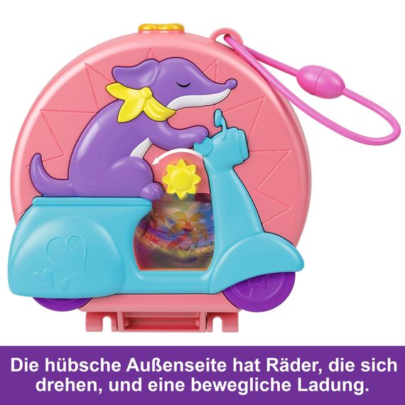 Polly Pocket-Puppen und Spielset, Adventure Moped-Schatulle, Reisespielzeug mit 2 kleinen Puppen und Tier, Zubehörteile für Tier und Fahrzeug, HWN98