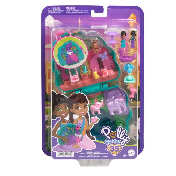 Polly Pocket-Puppen und Spielset, Peacock Garden-Schatulle, Reisespielzeug mit 2 kleinen Puppen und Tieren, Zubehörteile für Tiere, HWN97