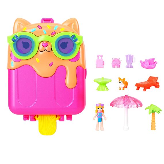 Polly Pocket Puppe und Spielset, Eiskätzchen-Schatulle, Reisespielzeug mit 1 Minipuppe, Hündchen und passendem Zubehör, JCB17