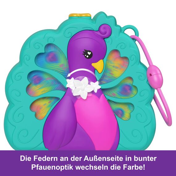 Polly Pocket-Puppen und Spielset, Peacock Garden-Schatulle, Reisespielzeug mit 2 kleinen Puppen und Tieren, Zubehörteile für Tiere, HWN97