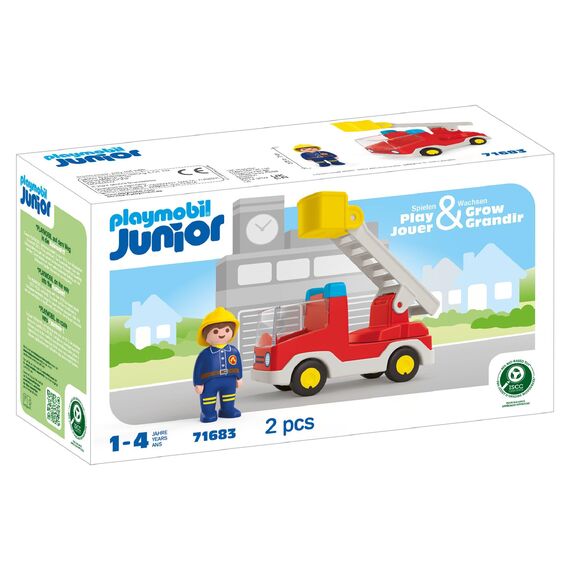 PLAYMOBIL JUNIOR | Feuerwehrleiterfahrzeug | nachhaltiges Spielzeug für Kinder ab 1 Jahr | inkl. drehbarer Leiter und Feuerwehrmann | 71683